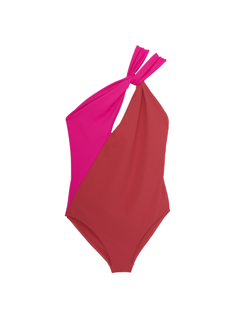 Pink and red one piece swimsuit with doubled one shoulder strap