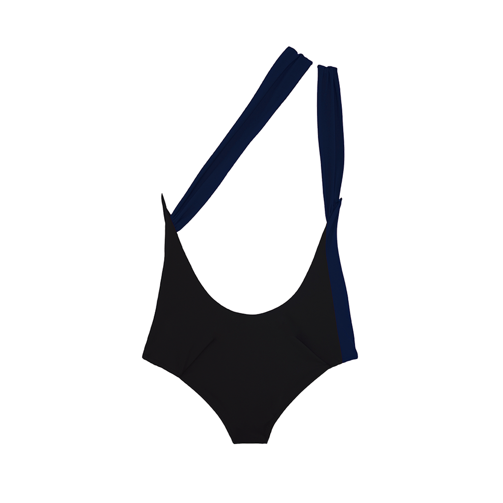 Back view of black and navy one piece swimsuit with double one shoulder strap