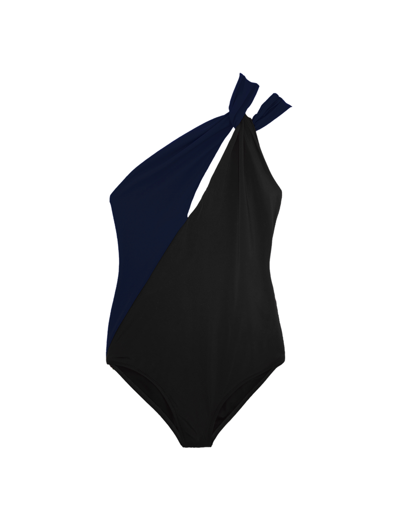 Black and navy one piece swimsuit with double one shoulder strap
