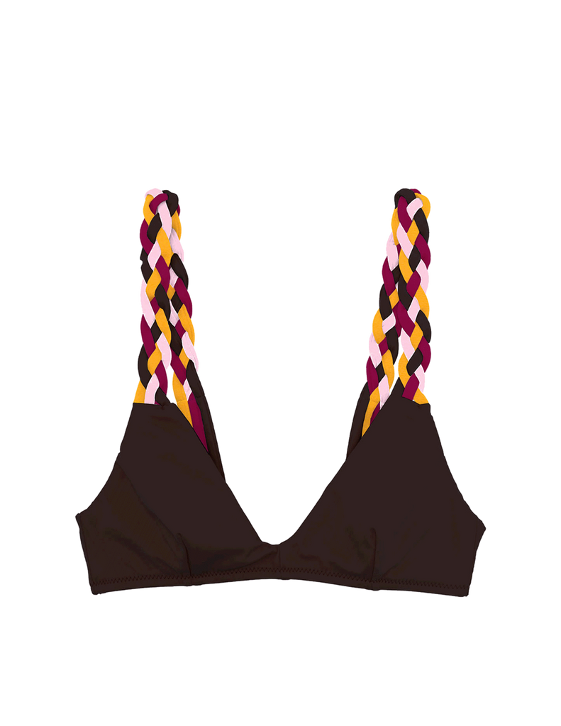 brown bikini top with red, yellow, pink and brown braided straps by Araks