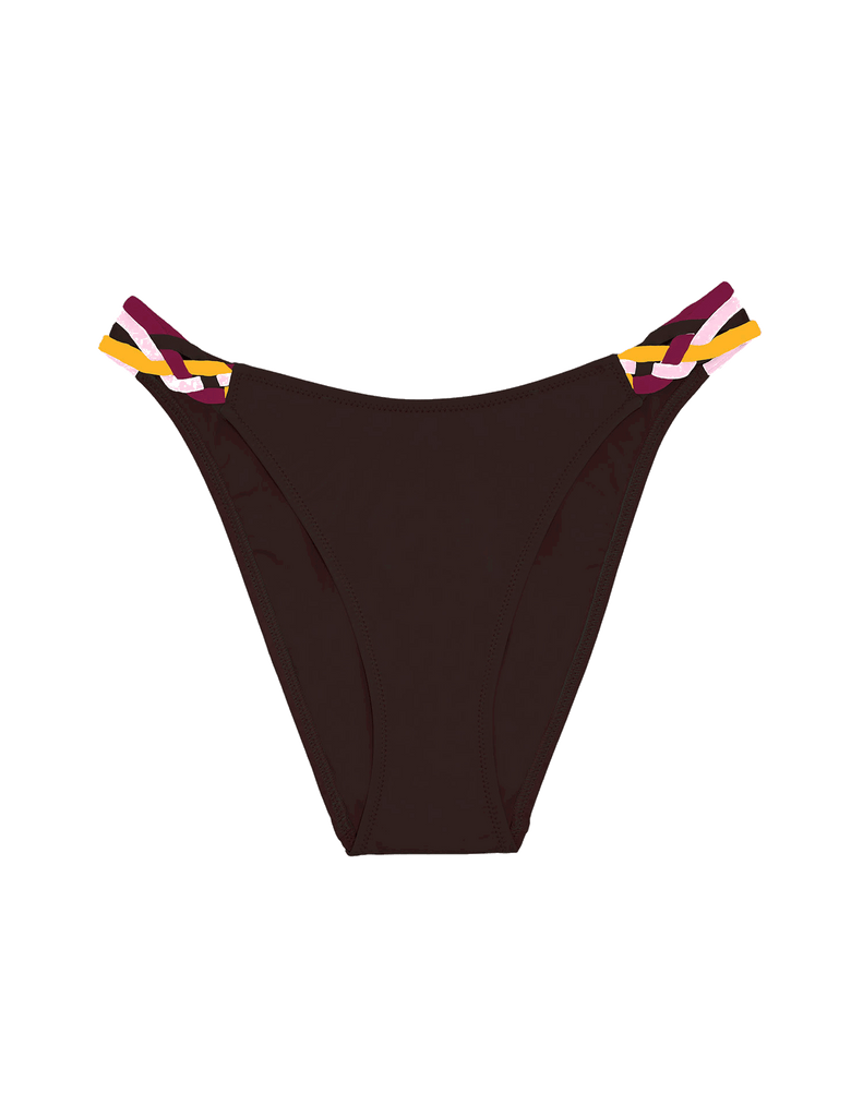 brown bikini bottom with red, yellow, pink and brown braided sides by Araks