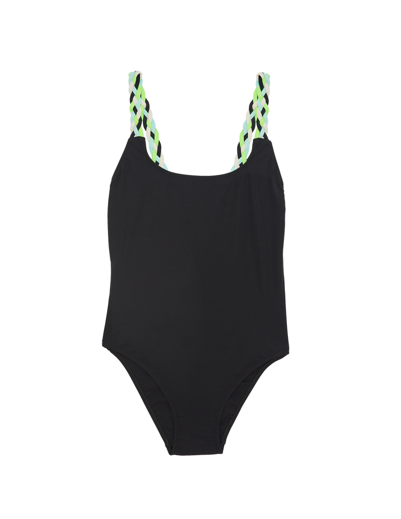 black one piece with white, aqua, green, and black braided straps