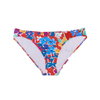 Red based multicolored floral low-rise swim bottoms.