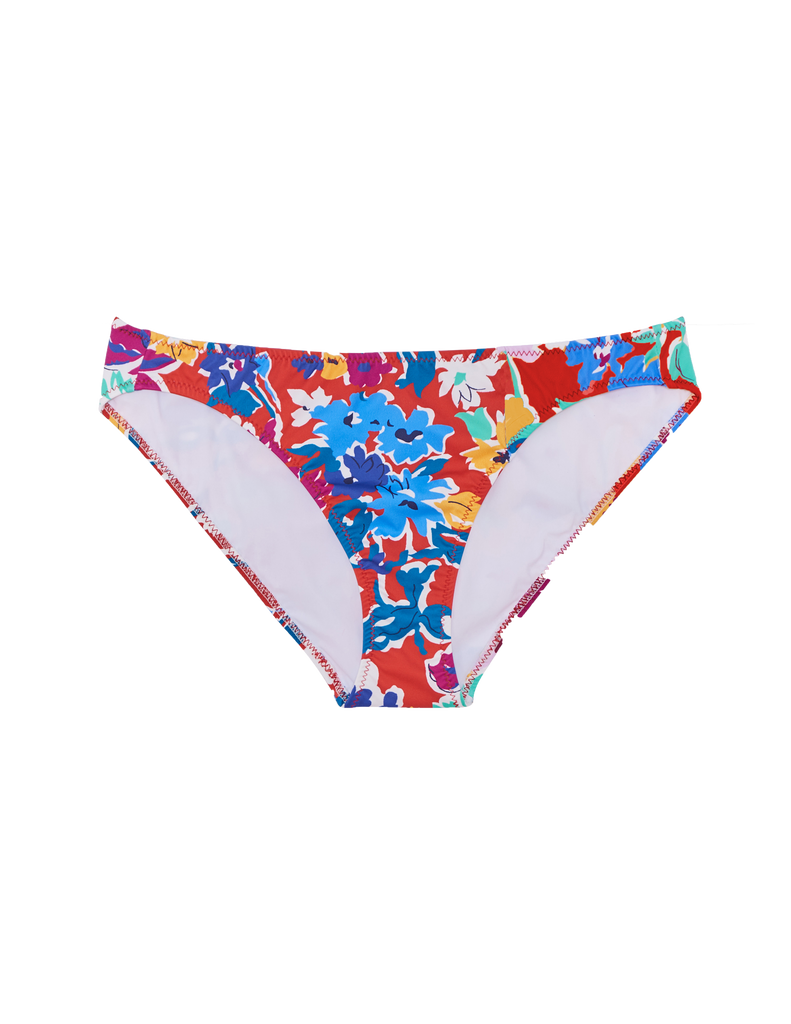 Asymmetrical color-blocked red and yellow based floral low-rise bikini bottom.