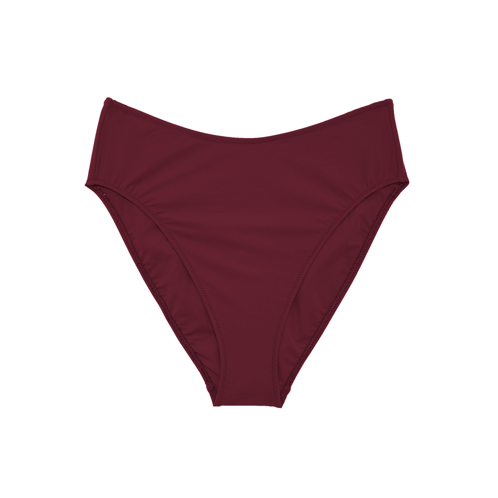Red high-waisted bikini bottom with high cut legs