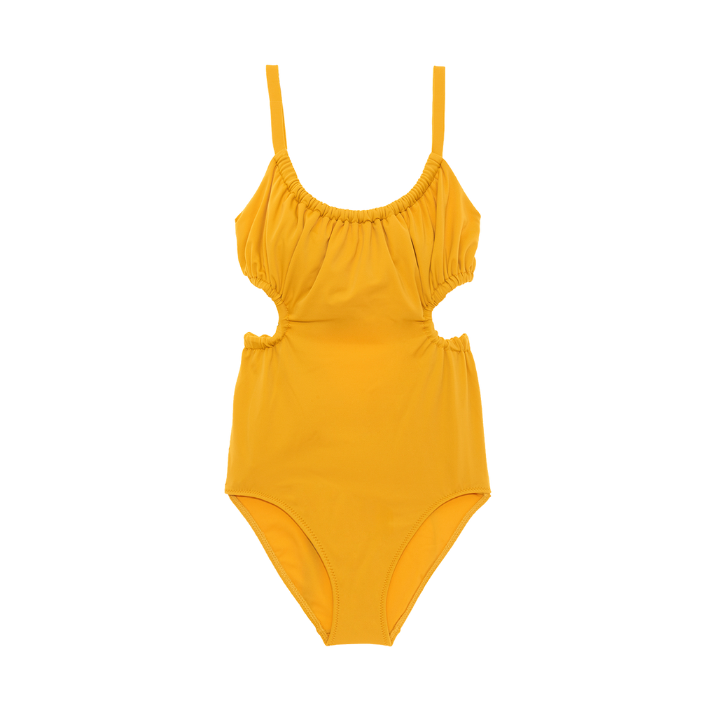 Yellow one piece swimsuit with side cut outs and a tie in back
