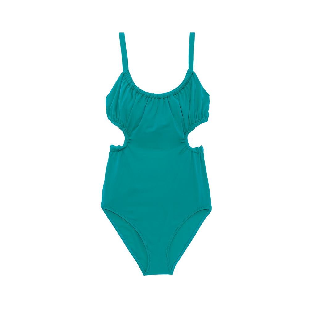 Green one piece swimsuit with side cut outs and a tie in back