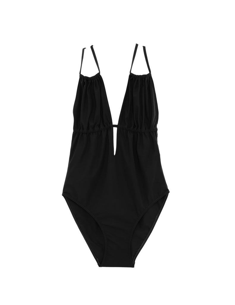 front of black one piece swimsuit with deep neckline by Araks