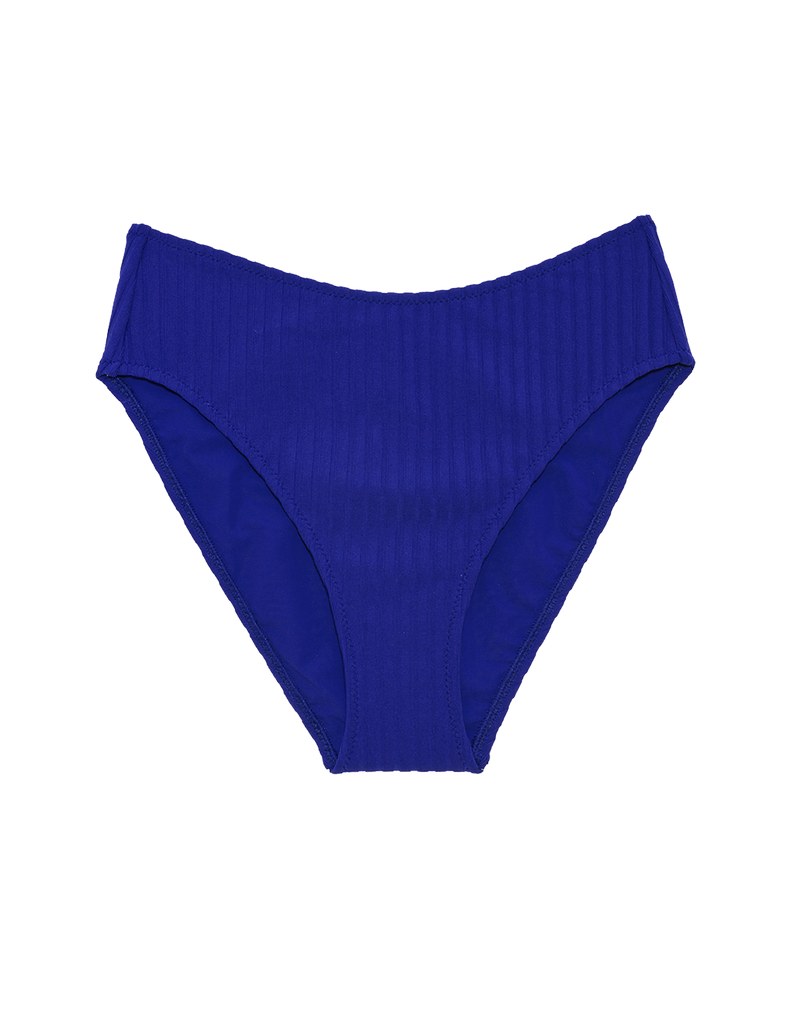 Blue high-waisted bikini bottom with high cut legs