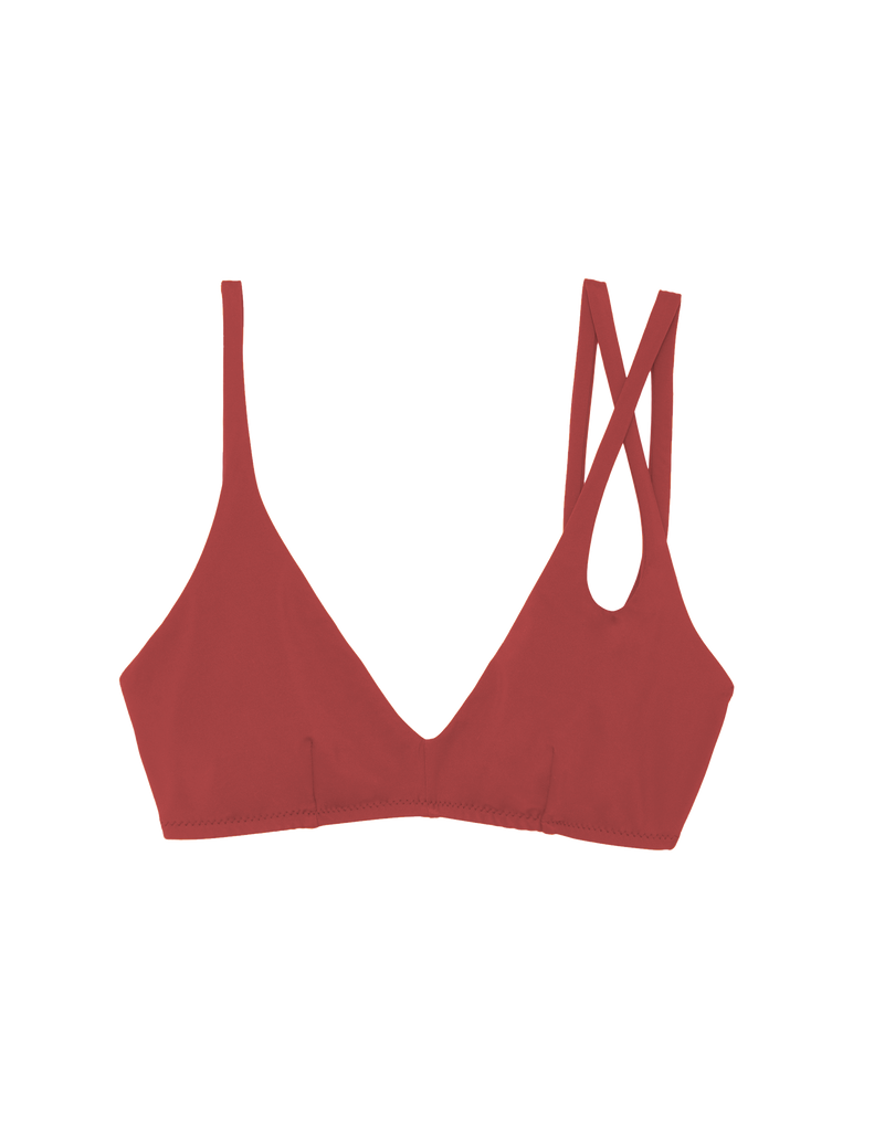brown bikini top with asymmetric crisscross straps by Araks