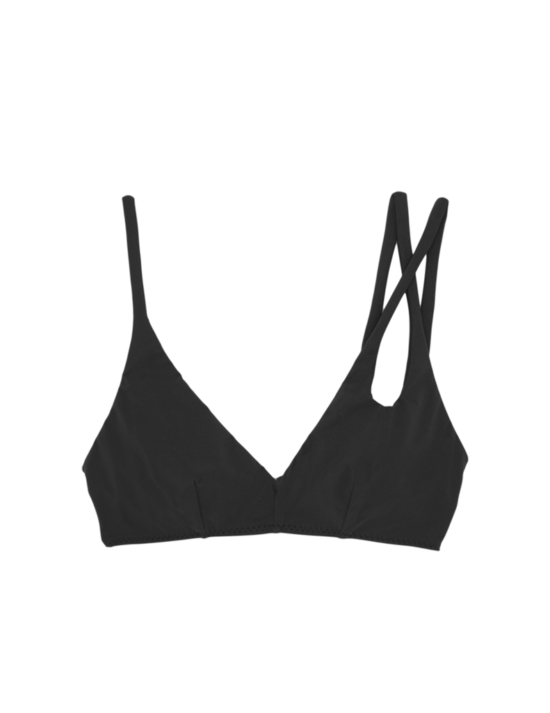 black bikini top with asymmetric crisscross straps by Araks