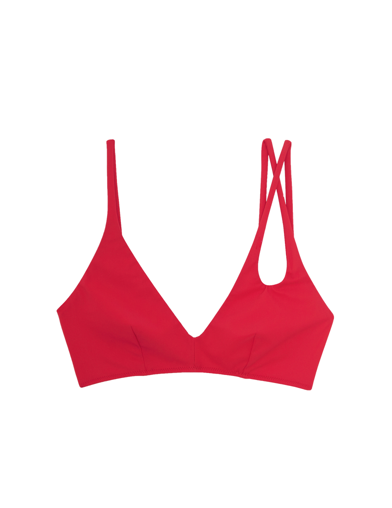 red bikini top with asymmetric crisscross straps by Araks