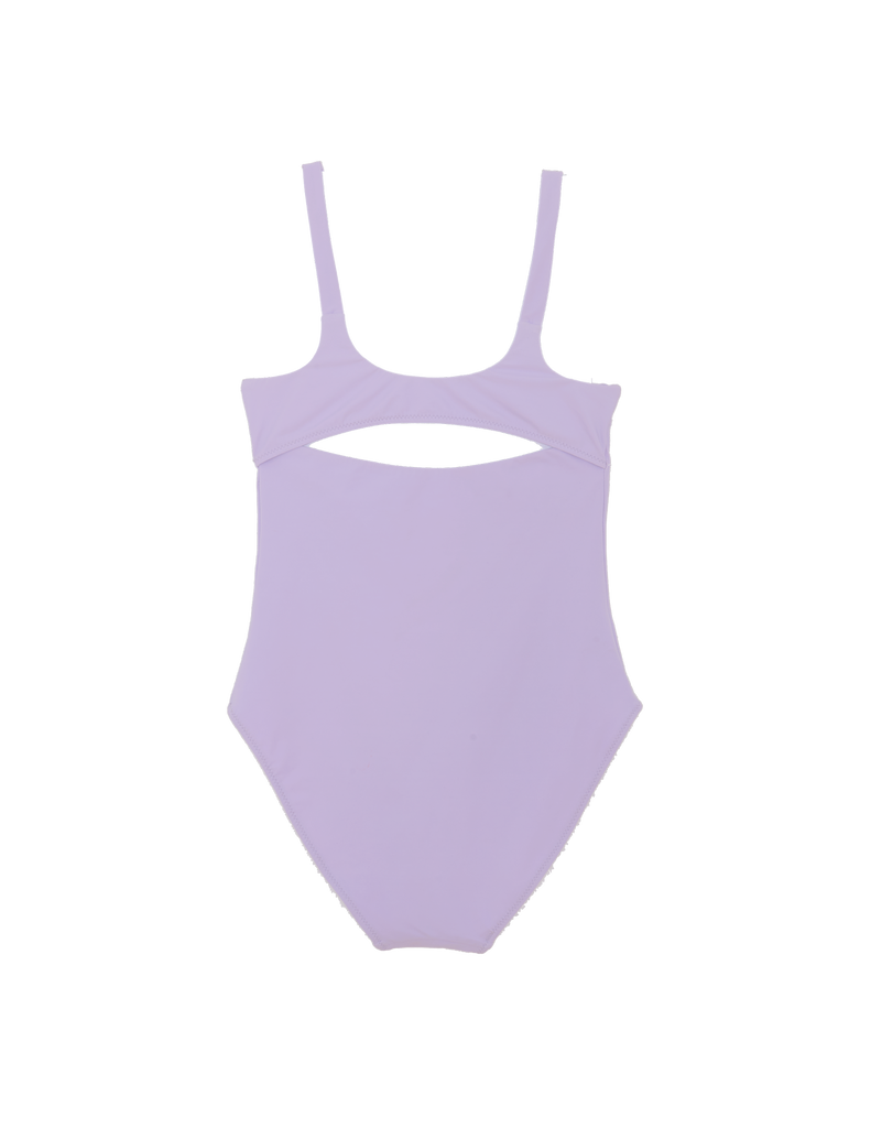 flat lay back shot of purple one piece with back cut out