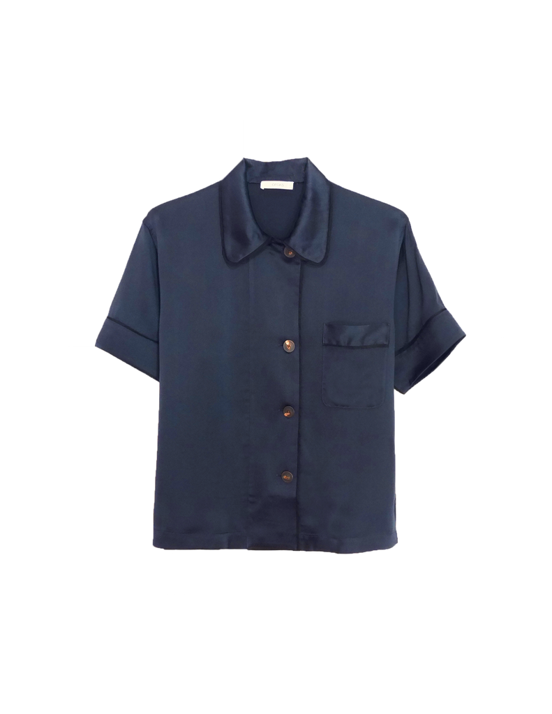 Navy silk collared short-sleeved sleep shirt with left breast pocket and contrast piping by Araks