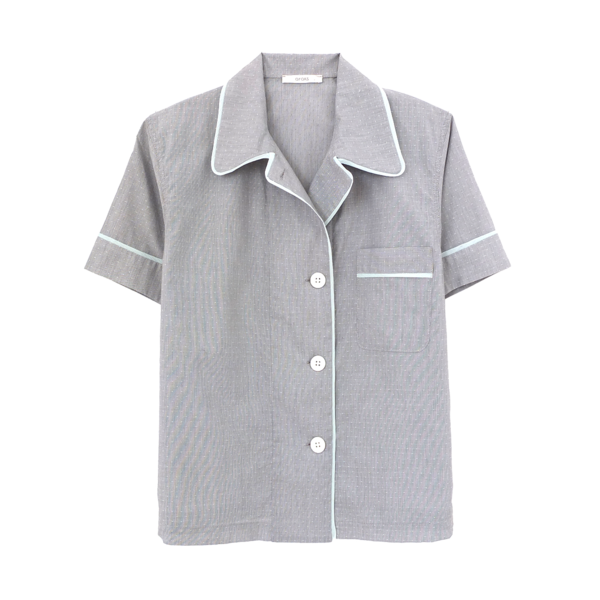 Grey silk collared short-sleeved sleep shirt with left breast pocket and contrast piping 
