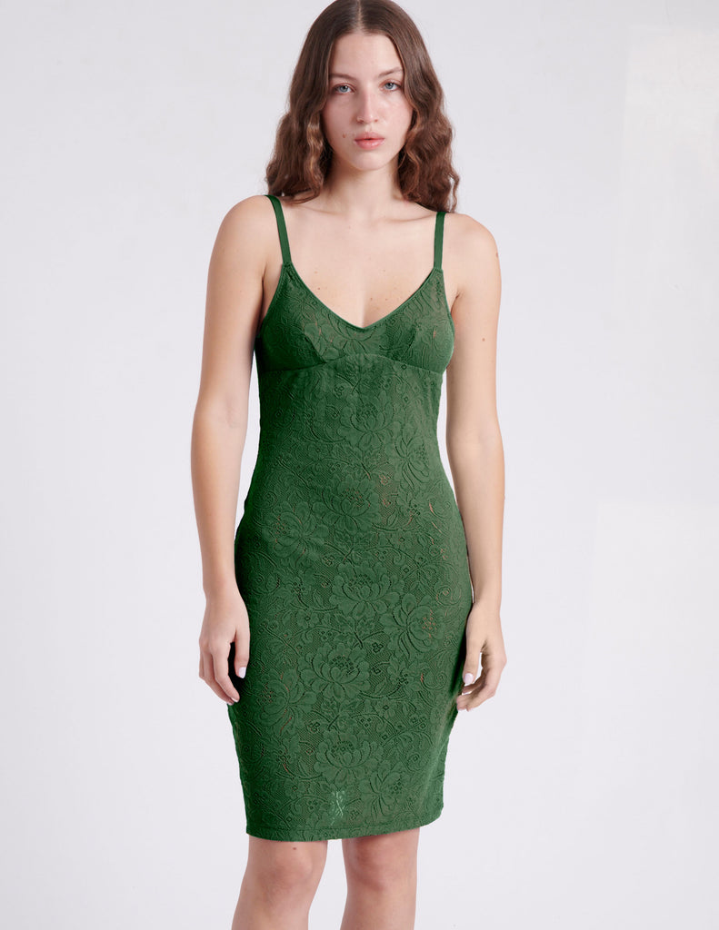 front view of woman wearing green dress