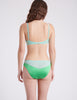 back view of woman weating green silk bra and panty