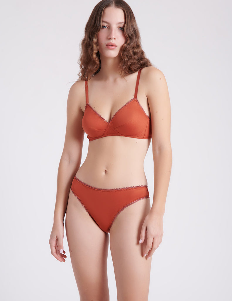 front view of orange cotton bra and panty
