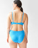 Backview of Woman wearing the blue lace Tamara Bralette and Tali lace panty.