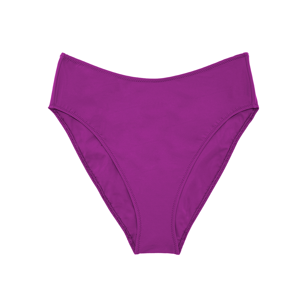 Purple high-waisted bikini bottom with high cut legs