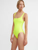 woman wearing simple neon one piece swimsuit