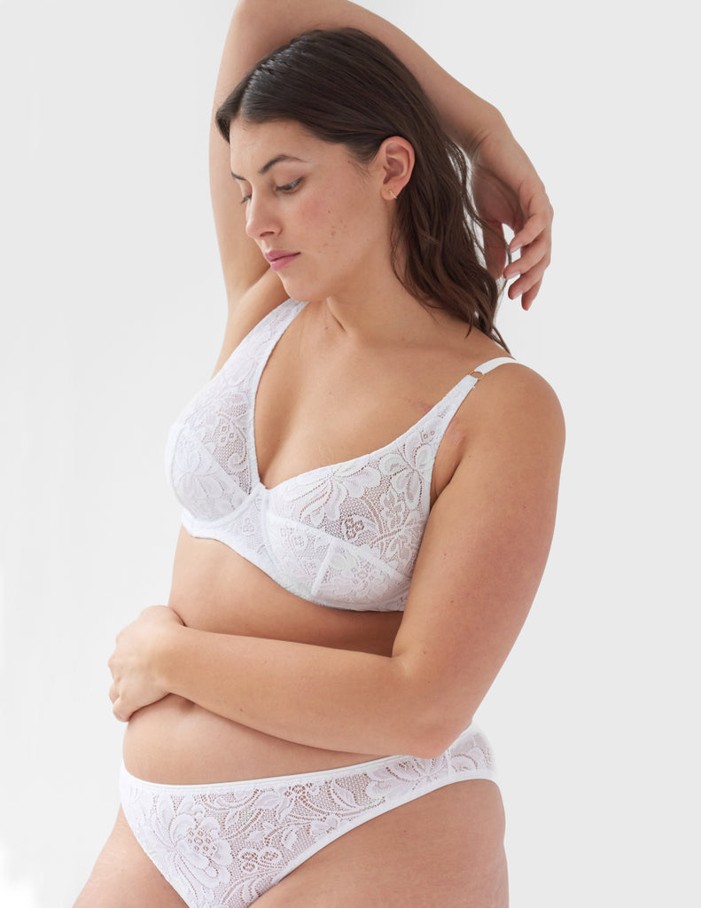 Front view of woman wearing white, lace underwire bra and matching mid-rise panty.