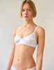 On model image of white cotton bralette with white silk insets.