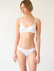 on model image of white cotton bralette with white silk insets and white silk panties