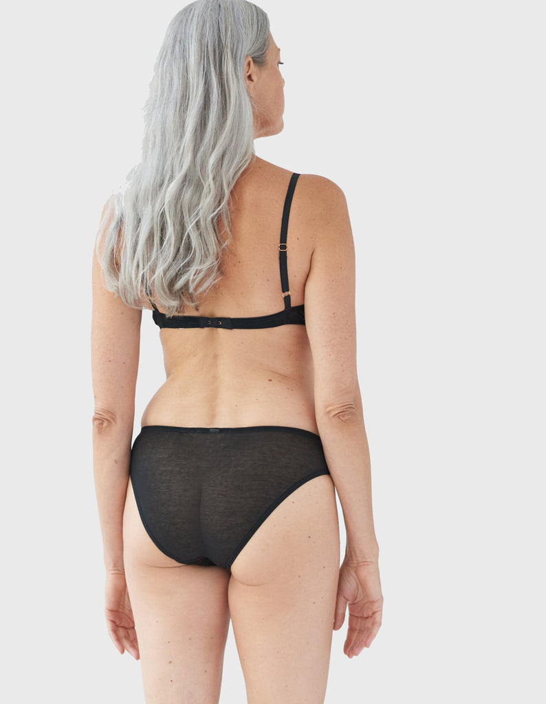 Back view of model wearing black bralette and matching panty. 