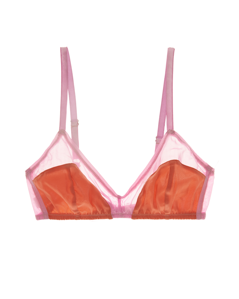 Flat image of orange and pink silk bralette 